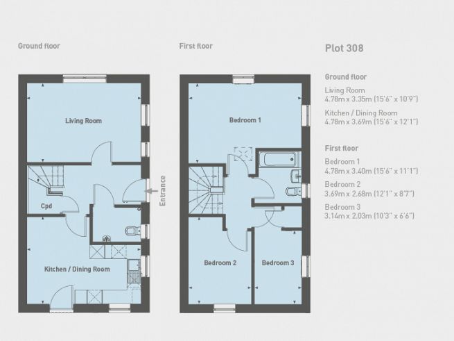 Floor plan 3 bedroom house, plot 308 - artist's impression subject to change